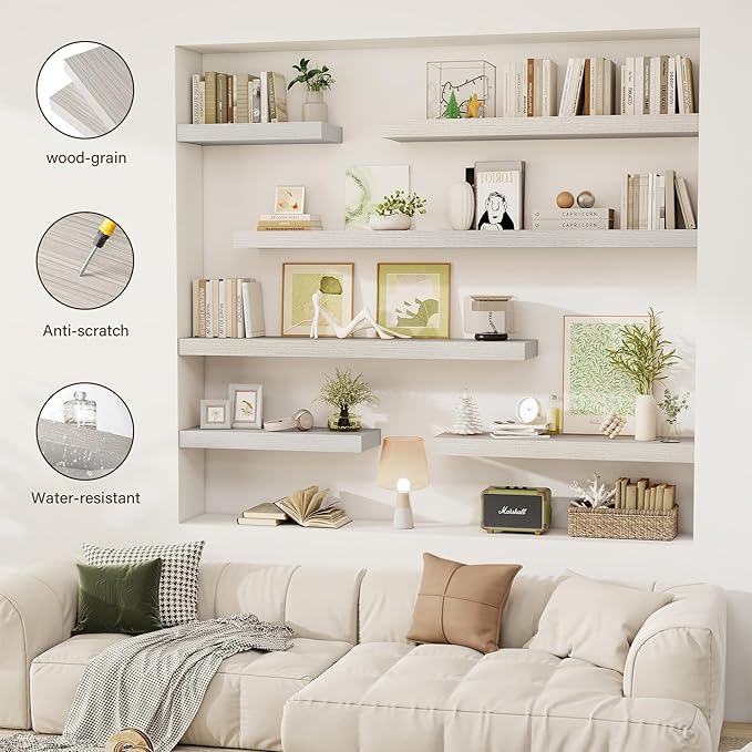 Acovy 40 Inch Floating Shelves, 12" Deep Floating Shelf Wall Mounted, 40" Wall Shelves, Rustic Deep Bookshelf, Extra Deeper & Thicker Display Shelves for Bedroom, Living Room, Gray, Set of 2