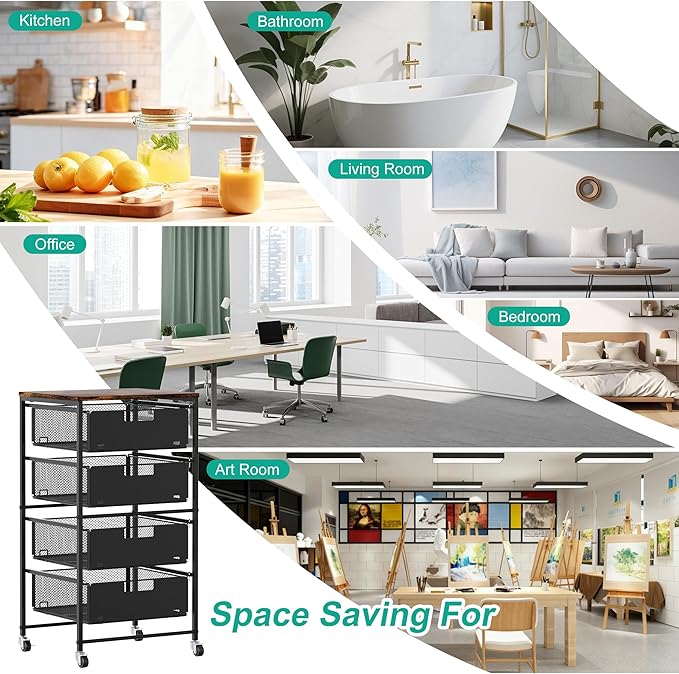 4-Drawer Storage Organizer, Under Desk Rolling File Cart with Lockable Wheels, Multi-Layer Mobile Filing Cabinet, Utility Craft Cart for Home Office,Black