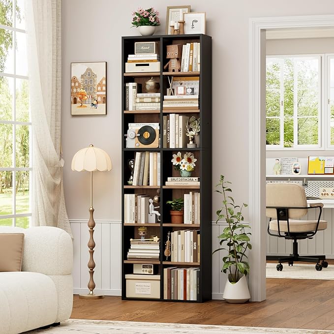 FOTOSOK 71'' Tall Bookshelf Set of 2, 7 Tier Large Bookshelf with Adjustable Shelves, Wide Bookcases and Bookshelf, DVD/CD Media Tower Storage, Cube Book Shelf Display Shelf Cabinet, Black/Brown