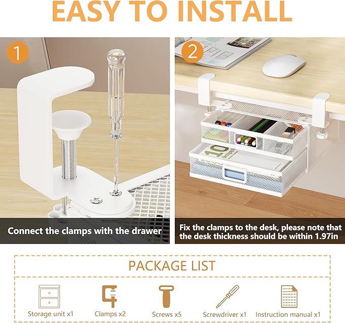 Sliding Under Desk Drawer Organizer No Drilling 2 Drawers Slide Out Desktop Or Under Table Storage Metal Clamp On Desk Drawer Attachment Anti-Slip Desktop Organizer for Home & Office, White