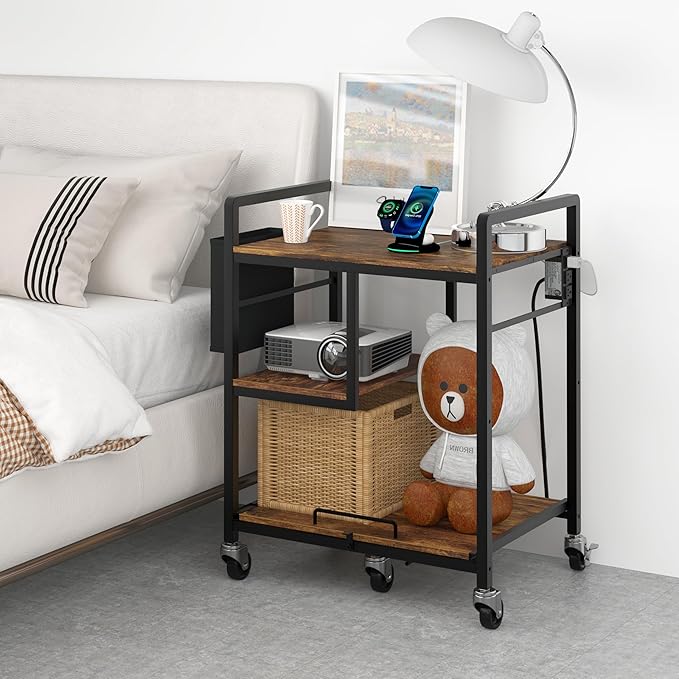 Sedegn Home Printer Stand with Charging Station, 24x18 Inches Stands for Large Printer, Printer Shredder Stand with Storage for Home Office, Table for Fax Machine/PC Tower (Rustic Brown)