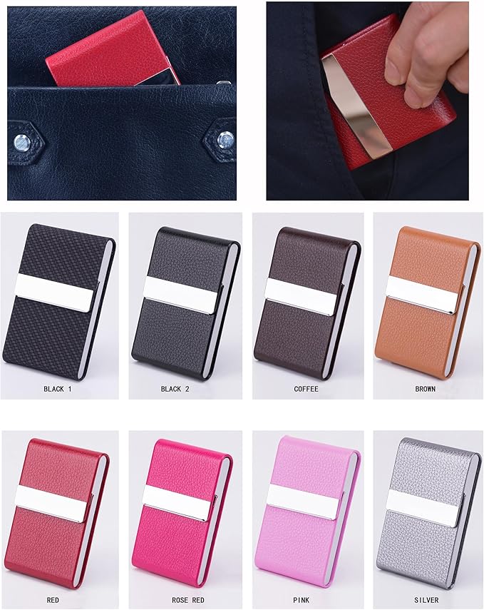 Business Card Holder with Ultra Slim Design,Business Card Case with Premium PU Leather, Suit Pocket Metal Card Holder for Women/Men,Professional Name Card Holder with Magnetic Shut(Red)
