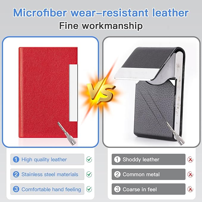 Padike Business Card Holder, Red Faux Leather Wallet with Stainless Steel, RFID Protected