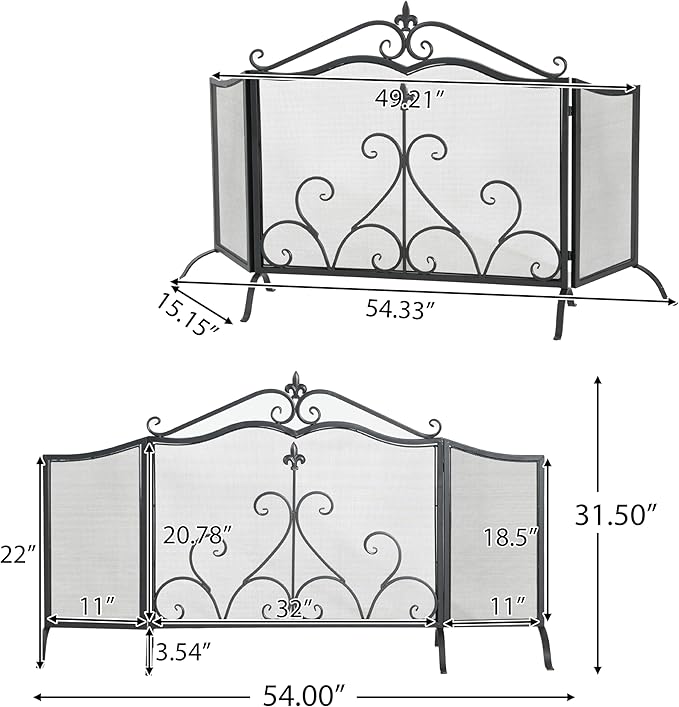 Christopher Knight Home Suho 3-Panel Iron Fireplace Screen, Foldable Fire Spark Guard with Wrought Metal Decorative Mesh, Arch Heavy Duty with Central Floral Pattern, 54" x 31.5", Black