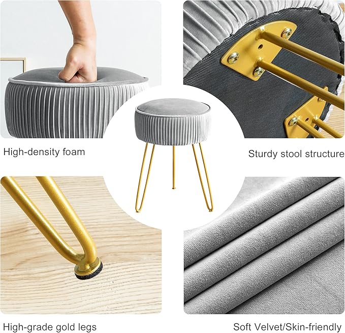 LUE BONA Pleated Vanity Stool, Velvet Upholstered Vanity Stool for Makeup Room, Round Mondern Stool for Vanity, Ottoman Footrest Stool with Metal Legs for Living Room, Bedroom, Light Gray