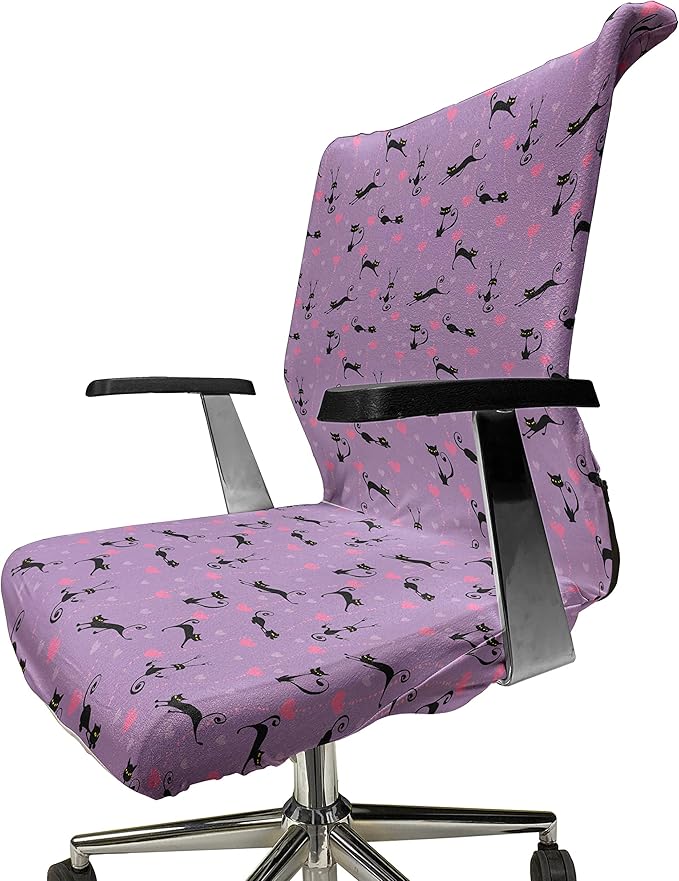 Ambesonne Cat Office Chair Cover, Funky Romantic Pattern with Little Hearts Funny Jumping Black Cat Characters, Stretchable Decorative Universal Size High Back Printed Slipcover, Lavender Black