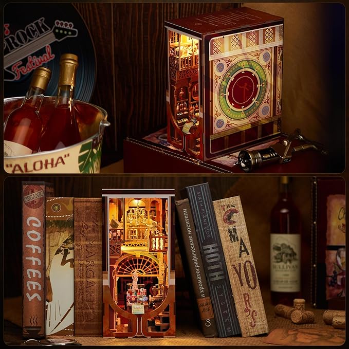 MiniCity Book Nook Kit, DIY Miniature Dollhouse Booknook Kit, 3D Wooden Puzzle Bookend Bookshelf Insert Decor with LED Light for Teens and Adults (Roaring Twenties Speakeasy)