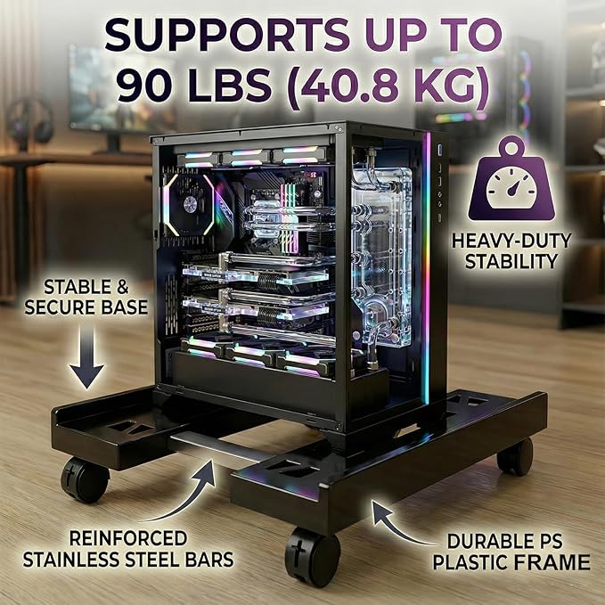 Adjustable Mobile CPU Stand with 4 Caster Wheels - Ventilated Tower Stand, Fits Most PCs - Under Desk CPU Holder, PC Floor Cart, Riser for Gamers and Students (Black)