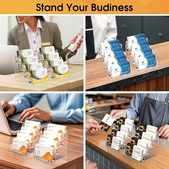 MaxGear Clear Business Card Holder, Acrylic Business Card Stand for Desk with 4 Tier, Clear Plastic Cards Display Holder for Exhibition, Home and Office, 320 Cards Capacity, 4 Pocket, 6 Pack