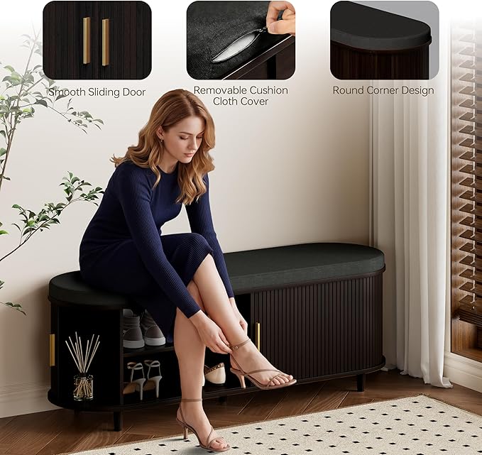 DHH 2-Tier Storage Bench,Wide Shoe Bench with Thickened Padded Seat Cushion, Mid Century Modern Fluted Sliding Door and Adjustable Shelf, for Entryway, Living Room, Bedroom (Dark Walnut, 51.2”)