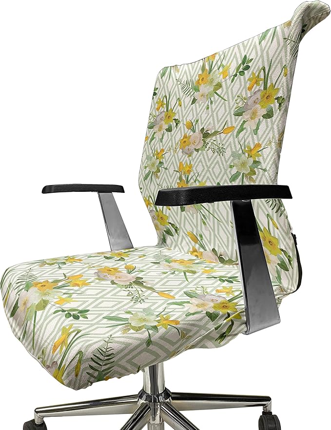 Ambesonne Watercolor Office Chair Cover, Diamond Pattern Blooming Floral Arrangement Petals and Leaves, Stretchable Decorative Universal Size High Back Printed Slipcover, Green Yellow