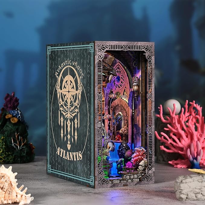 fifijoy Book Nook Kit - Atlantis DIY Miniature House Dollhouse Kit for Adults and Teens, 3D Wooden Puzzle Bookend Bookshelf Insert Decor with LED Light, Gifts for Family and Friends