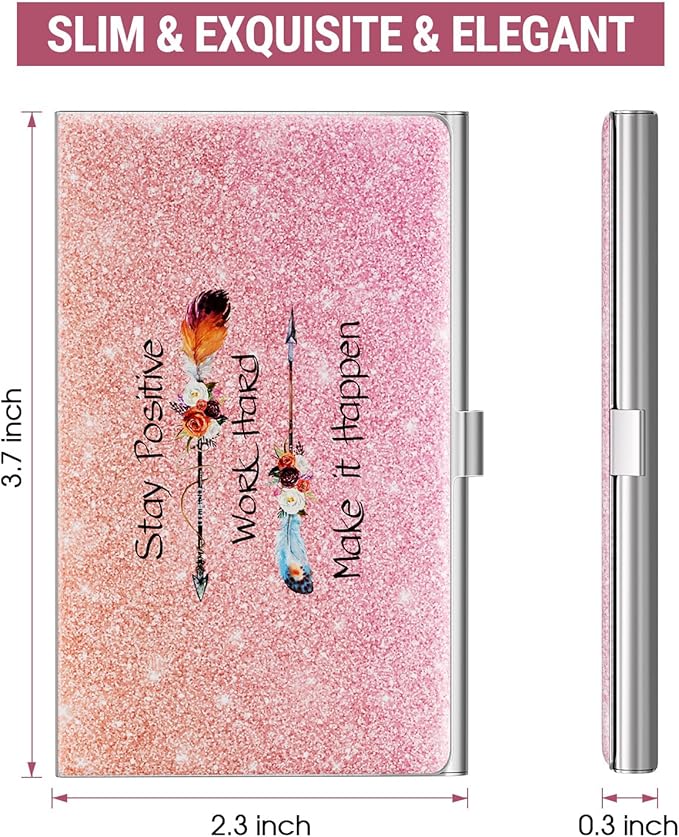 MaxGear Metal Business Card Holder for Men & Women, Stainless Steel Business Card Case Holds 10–20 Cards, Slim Pocket Name Cards Holder with Interior Lining & Buckle Closure, Pink