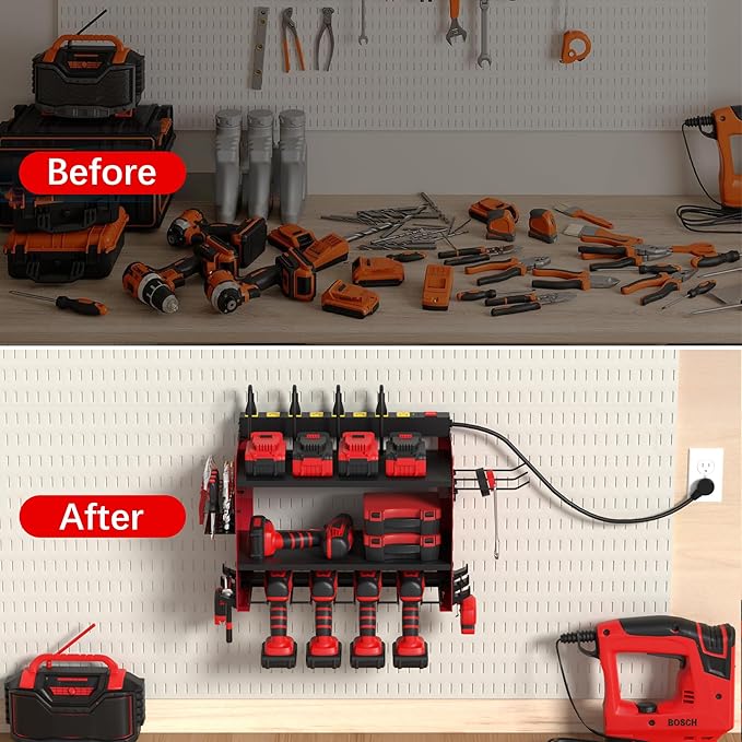 Power Tool Organizer Wall Mount wtih Charging Station,4 Drill Holder Wall Mount with 8 Outlet Power Strip,Heavy Duty Tool Rack with Hooks,Screwdriver Organizer in Garage(Red,3 Layers)