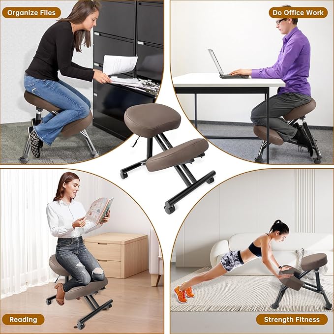 PU Leather Ergonomic Kneeling Chair, Adjustable Home and Office Stool with Thick Pads and Flexible Lockable Brake Wheels for Back Pain Relief(Dark Brown)
