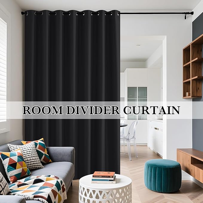 RYB HOME Extra Long 100% Blackout Room Divider Curtains for Bedroom 108 Inch Long, Extra Wide Privacy Sliding Door Blinds for Patio/Living Room/Dining, 1 Panel, W100 x L108, Black