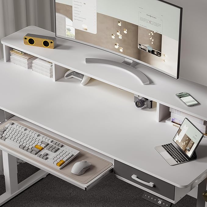 WALKINGDESK 55 Inches Electric Standing Desk with Keyboard Tray, Height Adjustable Sit to Stand Table with 2 Drawers, Ergonomic Home Office Desk with Storage Shelf, Computer Table, White