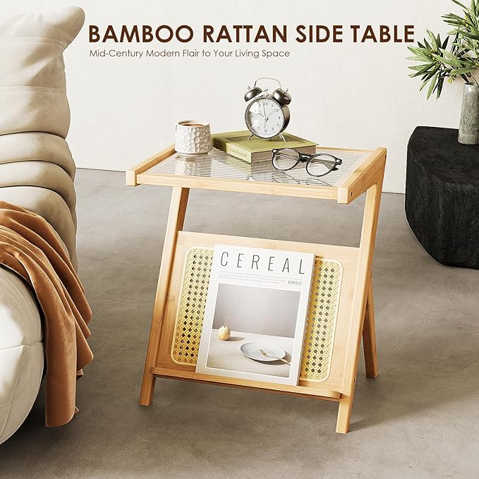 Bamworld Rattan Side Table Boho Night Stand Glass Bedside Small End Tables Bamboo Bedroom Coffee Table with Storage for Living Room and Outdoor Nature
