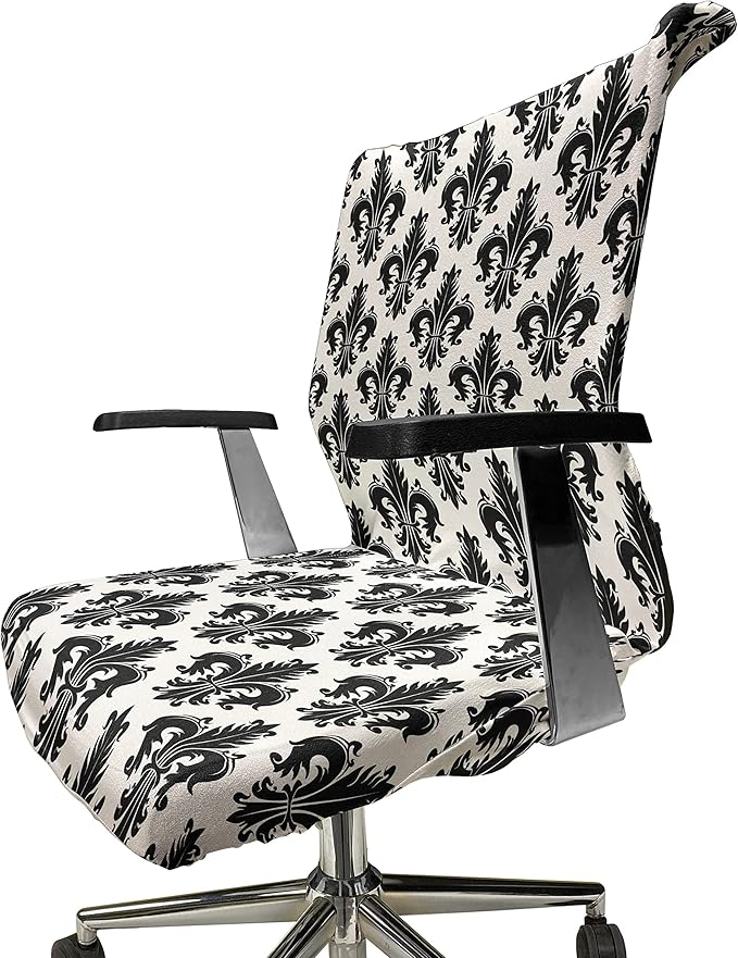 Ambesonne Fleur De Lis Office Chair Cover, Monochrome Royal Lily Pattern Victorian Inspiration Ornamental Vintage Design, Stretchable Decorative Universal Size High Back Printed Slipcover, Black White