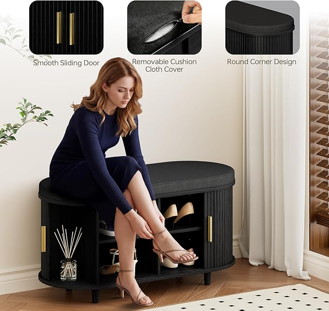 DHH 2-Tier Storage Bench,Wide Shoe Bench with Thickened Padded Seat Cushion, Mid Century Modern Fluted Sliding Door and Adjustable Shelf, for Entryway, Living Room, Bedroom (Black, 35.4“)