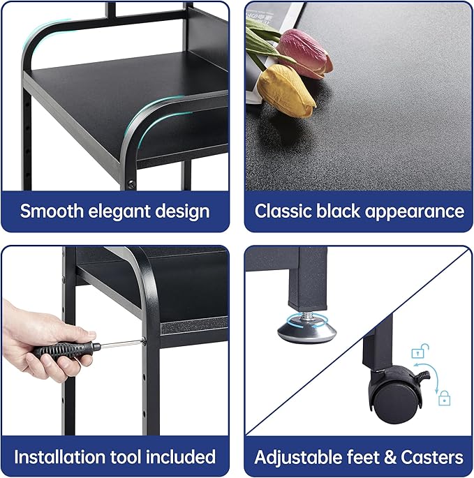 Fannova Printer Stand, 3 Tier Printer Table with Height Adjustable Storage Shelf, Rolling Printer Cart with Wheels for Home Office Organization, Black