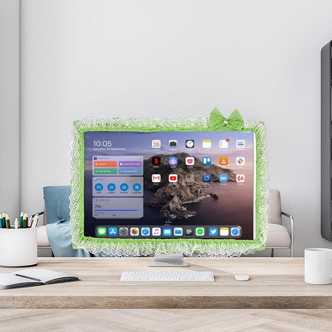 2 Pack Cute Computer Monitor Cover, 23''-26'' Elastic Monitor Dust Cover with Bow Knot, Lovely Monitor Accessories Screen Monitor Decoration for Tablet (Green)