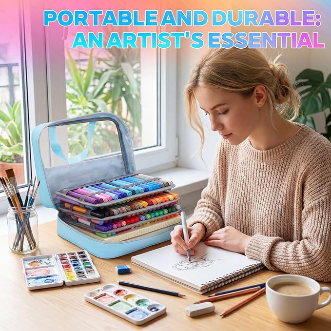 Hillban 108 Slots Large Colored Pencil Case with Chenille Letter Patch Extra Large Capacity Interlayer Pencil Holder Organizer with Handle Zipper Portable Storage Bag Graduation Gift for Artist(Blue)