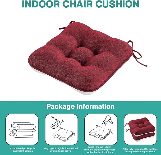 BETU Chair Cushions for Dining Chairs Set of 4, Thick Kitchen Table Chair Pads with Ties,Non Slip Backing and Covers, Seat Cushion for Dining Room,Bar,Patio Chairs,15.5"X15.5"X3.5" Red