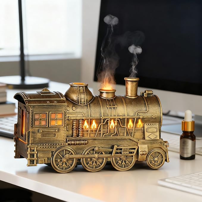 Mother's Day Train Humidifier 300ml, Dual Mist Outlets Cool Mist Diffuser with 2/8H Timer, for Aromatherapy & Air Humidity, Desktop Decor(Bronze)