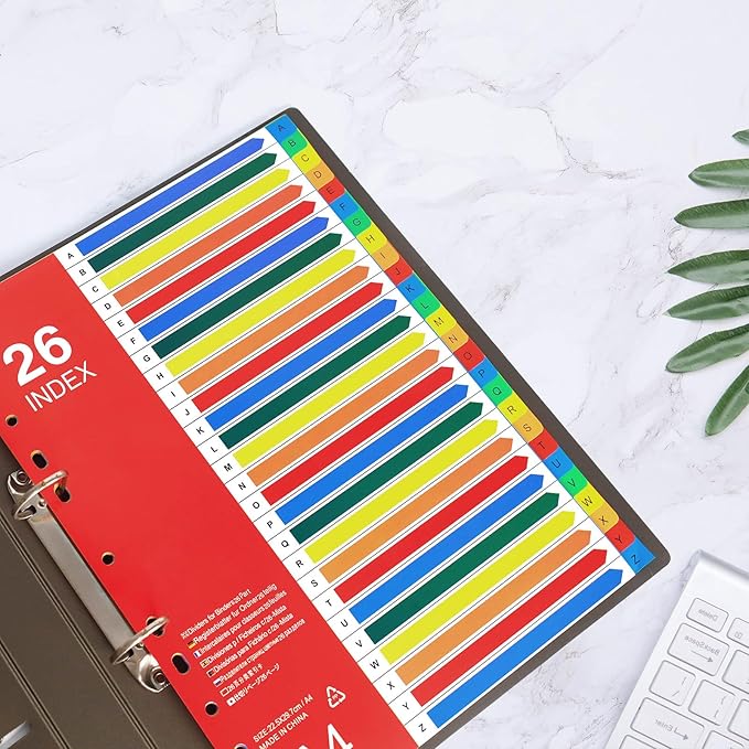 A-Z Tab Dividers, Alphabet Dividers for 2/3/4 Ring Binder, Customizable Table of Contents, Plastic Binder Dividers with Multicolor A-Z Tabs, 5 Sets