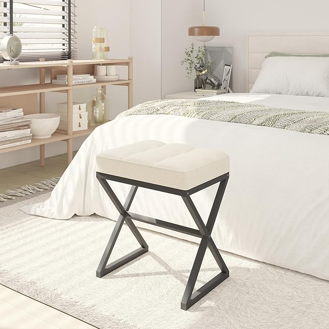 YMYNY Vanity Stool, Linen Footrest Stool, Ottoman Bench with X-Shaped Metal Legs, Makeup Dressing Stool for Vanity, Living Room, Bedroom, Entryway, Hallways 15.74" D×11.81" W×18.11" H Beige UHBD033Y