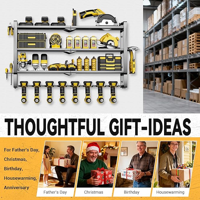 4 Layers Extra Tall Power Tool Organizer Wall Mount Loads 400lbs,Heavy Duty Metal Battery Tool Rack with 8 Cordless Drill Holders,Tool Storage Shelf For Workshop,Garage,Warehouse,Gifts for Men,Husband