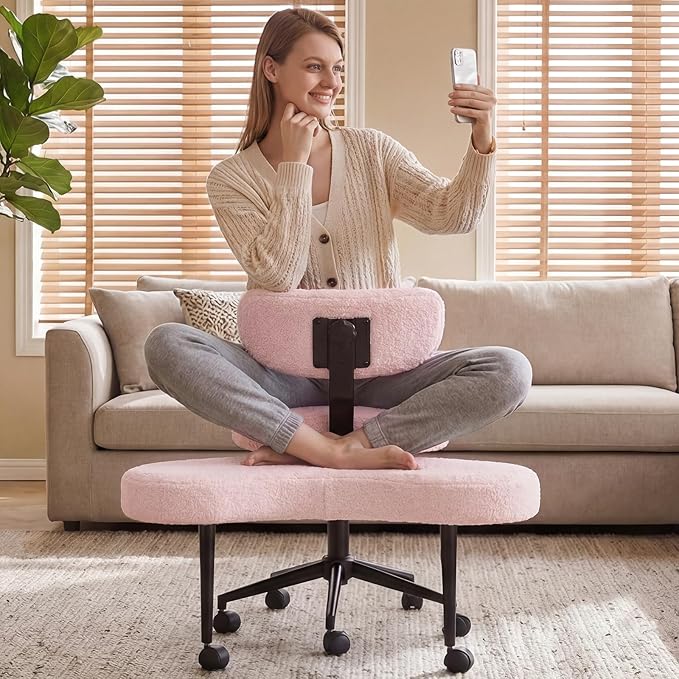 DUMOS Ergonomic ADHD Cross Legged Office Desk Chair with Adjustable Backrest, Height Adjustable Meditation Chair with 360° Swivel Footstool, Teddy Fabric Yoga Stool for Home Office, Pink
