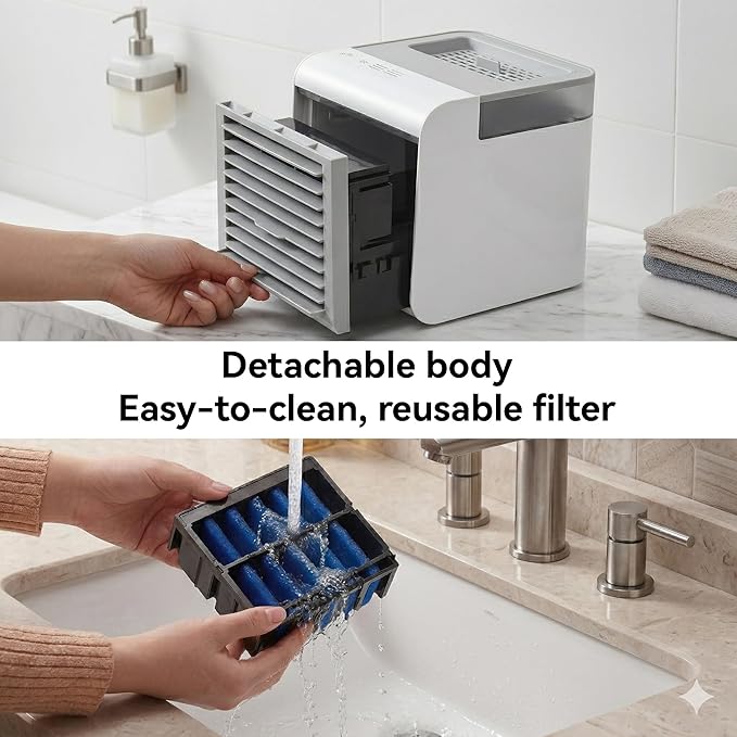 Portable Air Conditioner Fan, 4-in-1 Mini Air Cooler with 450ML Water Tank, 3 Speeds Portable Fan 7 Colors LED Ambient Light, Mini Evaporative Cooler Desktop Humidifier Fan for Bedroom Office Travel