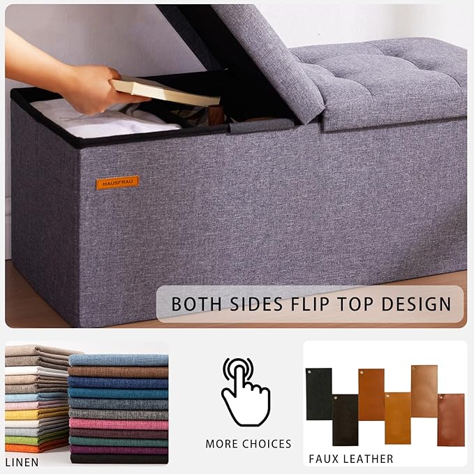 HAUSFRAU 31.5 Inches Ottoman with Storage Bench, Folding Ottoman Bench Small Foot Rest Stool, Bedroom Bench with Flipping Lid, Faux Leather Pink
