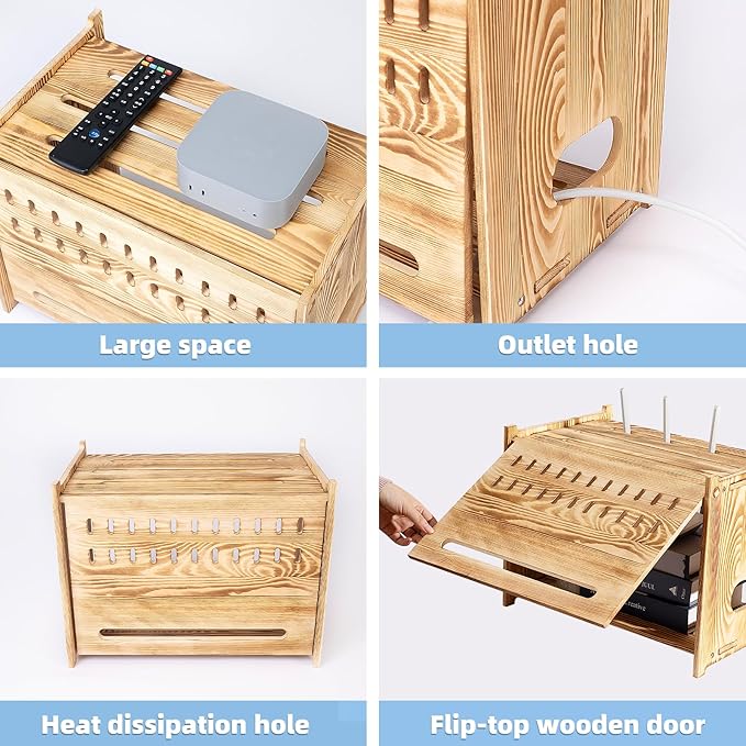 Solid Wood Projector Shelf Router Shelf Projector Stand Router Storage Box Router Cover Organized Modem Cable Power Strip Cable Management Hider Rack by Need Assembly (Flip-top Door)