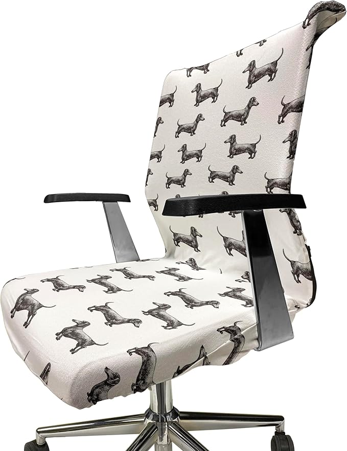 Ambesonne Dachshund Office Chair Cover, Pattern Lines with Sausage Dog Looking Different Directions, Stretchable Decorative Universal Size High Back Printed Slipcover, Grey White