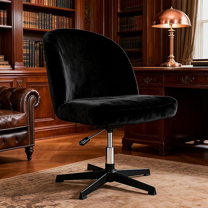 Black Criss Cross Office Desk Chair Cover Velvet Stretch Wide Armless Vanity Make-up Chair Slipcover 1 Piece Washable