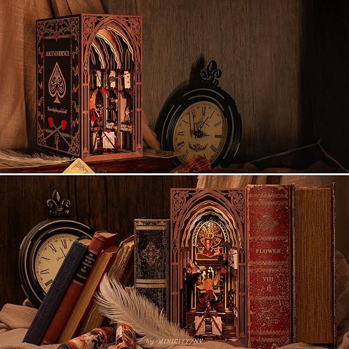 ๐ ๐ถ๐ป๐ถ๐๐ถ๐๐ Book Nook Kit, DIY Miniature Dollhouse Booknook Kit, 3D Wooden Puzzle Bookend Bookshelf Insert Decor with LED Light for Teens and Adults (Alice in Wonderland)