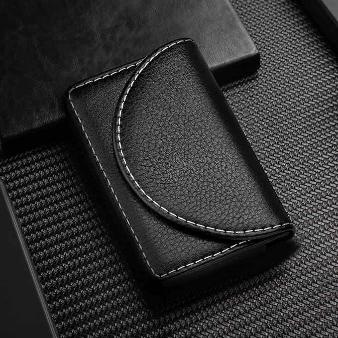Leather Business Card Holder Walle for Men or Women Pocket Business Card Wallet Name Card Case Holder with Magnetic Shut, Holds 25 Business Cards,Black