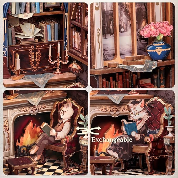Fsolis Book Nook Kit Cat DIY Miniature Dollhouse Kit, 3D Wooden Puzzles for Adults, 108 Pieces, Bookshelf Diorama Mini Building House, Gift for Women Readers Book Lovers (Count Cat's Study)