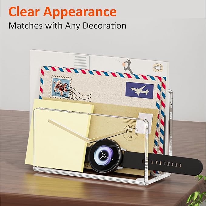 FUCDTEFC Acrylic Mail Holder, Mail Organizer Wall Mounted Clear File Letter Organizer, Vertical Envelope Mail Holder for Desk, Lightweight Countertop Bill Sorter Invoice Stand for Home Office School