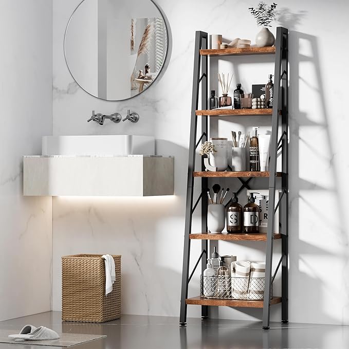 Shintenchi 5 Tier Ladder Shelf, Freestanding Corner Storage Shelves with Adjustable Feet and Anti-Falling Kit, Industrial Bookcase for Living Room, Bedroom, and Home Office, Rustic Brown