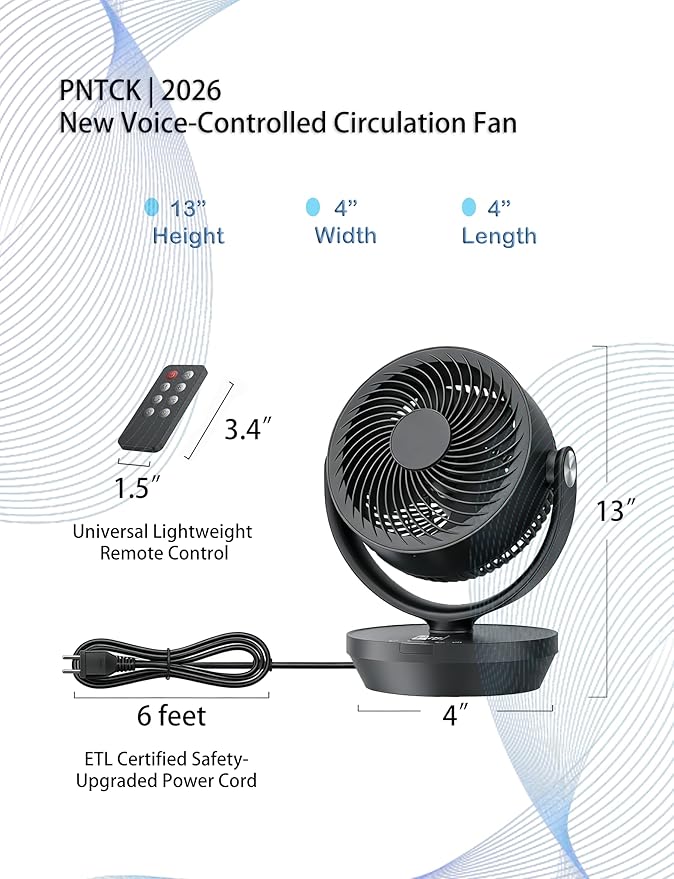 PNTCK Air Circulator Fan for Bedroom, 13" Table Fan with Remote, 90° Oscillating & 120° Tilt, 60ft Strong Airflow, Quiet 25dB Electric Fan with 4 Speeds, 4 Modes & 12H Timer