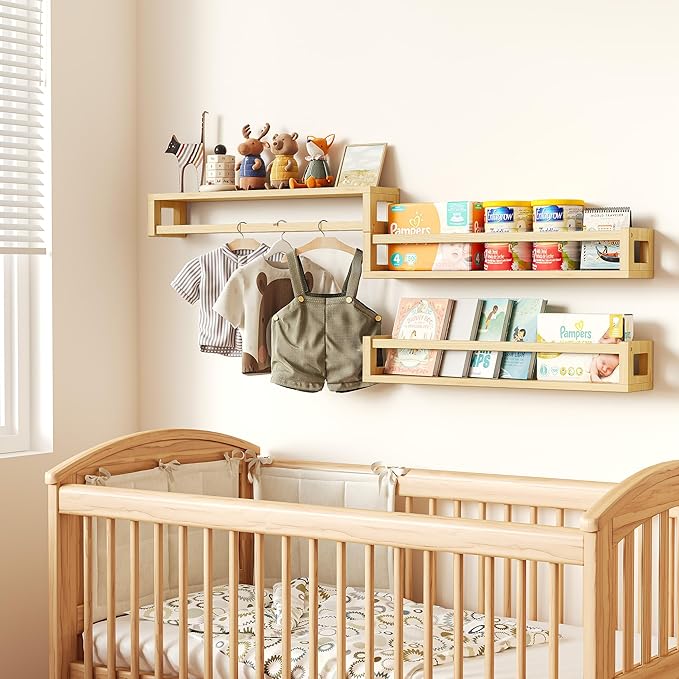 TidyCorner Upgraded Thick Floating Shelves - 24 Inch Multi-Use Wall-Mounted Bookshelves for Kids and Nursery, Ideal for Books, Toys, Spice Rack, Decor - Natural Wood