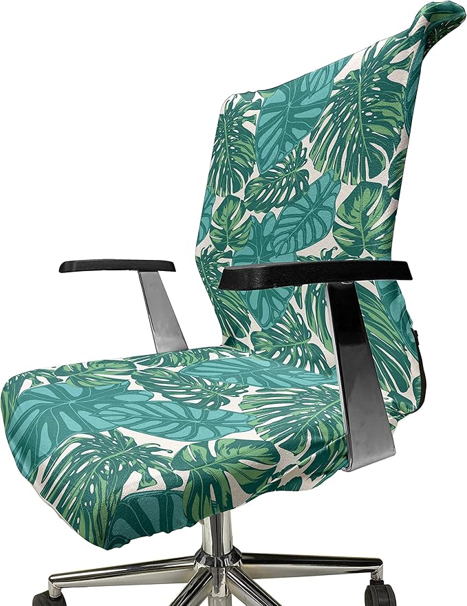 Ambesonne Exotic Office Chair Cover, Continuous Jungle Foliage Pattern with Tropical Leaves, Stretchable Decorative Universal Size High Back Printed Slipcover, Dark Teal