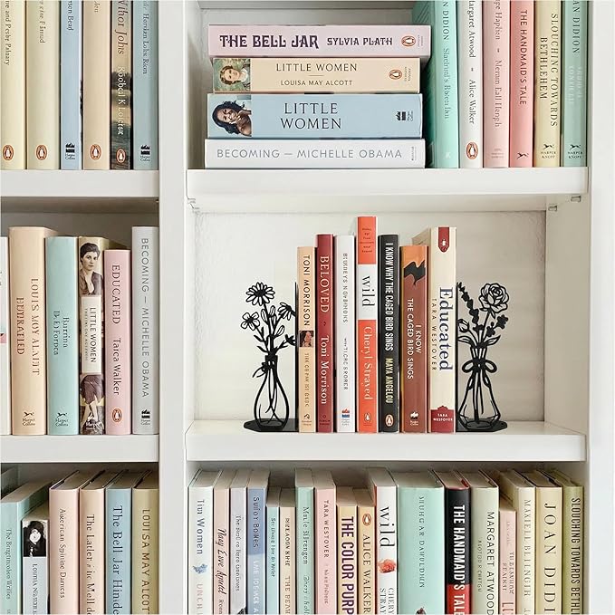 Flower Metal Bookends Decorative Book Ends for Shelves, Cute Book Ends for Home Office Decor Decorative Flower Vase Book Ends for Heavy Books, Book Stopper Ideal Gift for Mother's Day