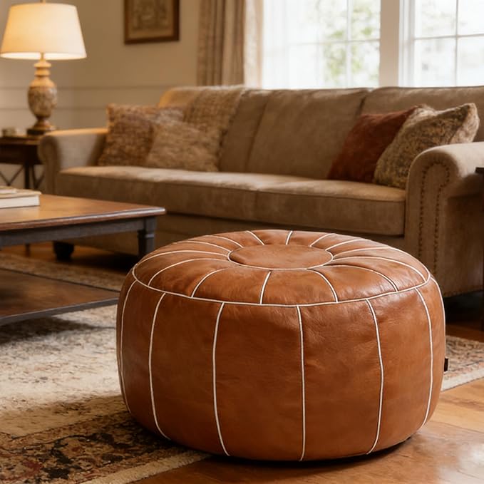Thgonwid Unstuffed Moroccan Storage Pouf Foot Stool Ottoman Seat, No Filler Included, Handmade Faux Leather Bean Bag Floor Chair Foot Rest for Living Room, Bedroom or Balcony, Brown