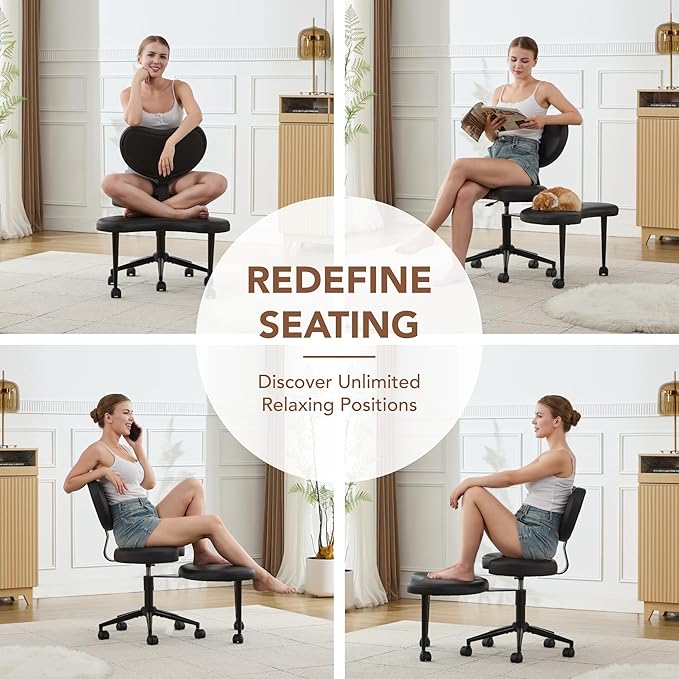 Cross Legged Office Chair, 360° Swivel Yoga Meditation Chair, Ergonomic Height Adjustable ADHD Criss Cross Office Chair with Wheels, Lumbar Support for Home Office, Black