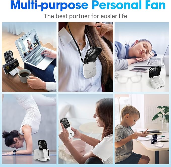 USB Rechargeable Upgraded 5-in-1 Portable Handheld Fan, Necklace Fan, Desk Fan, Foldable Phone Stand, 4 Speeds Airflow, Quiet Personal Fans with LED Digital Screen (Black)